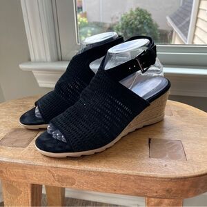 Eileen Fisher Winnie Black Leather Espadrille Wedge Sandal Shoes Size 8.5